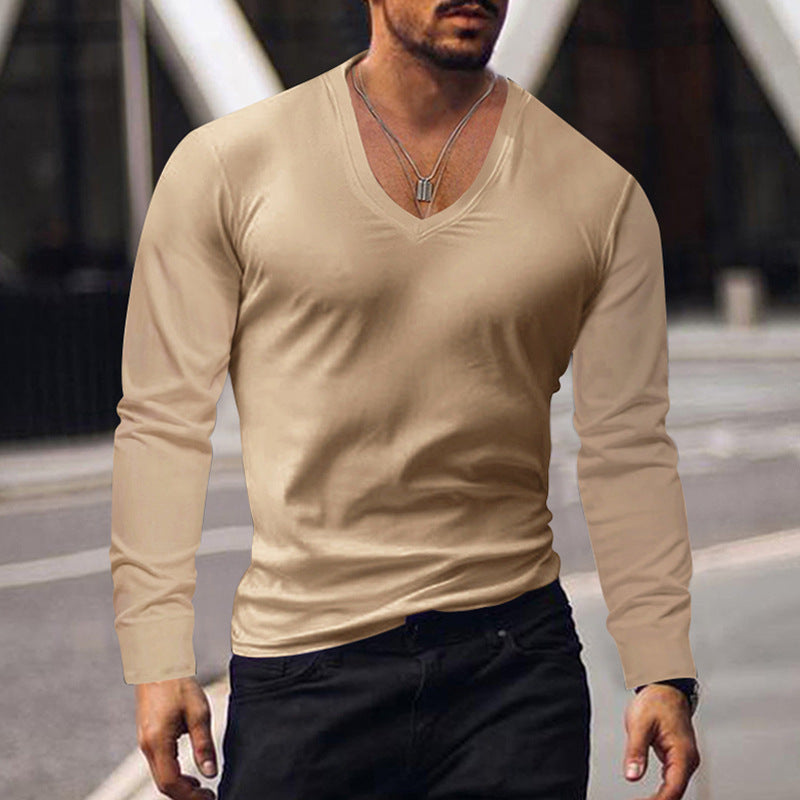 Men's Summer Long-sleeve Top Bottoming Shirt V-neck T-shirt
